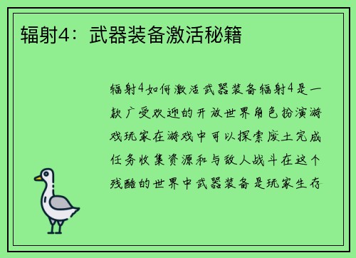 辐射4：武器装备激活秘籍